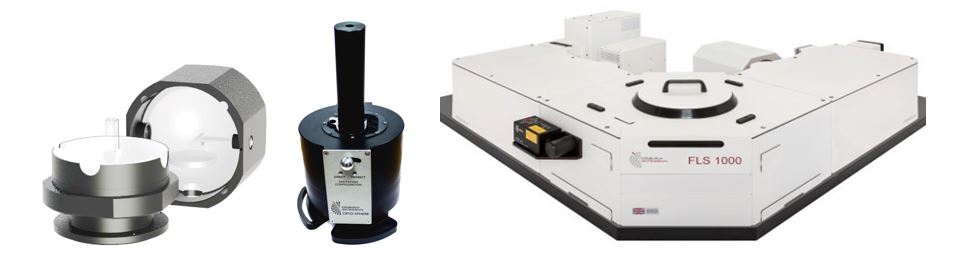 Standard integrating sphere (left) and the temperature controlled Cryosphere (right) for the FLS1000 Photoluminescence Spectrometer.