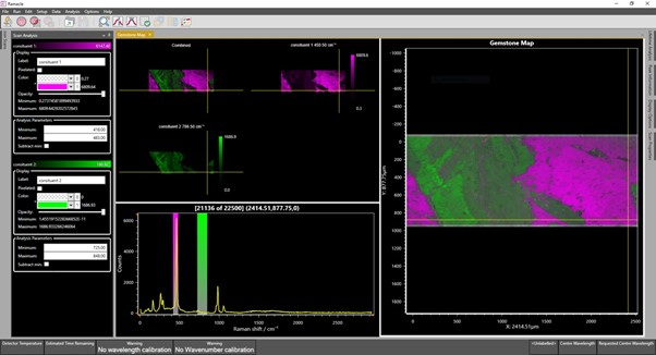 XY Raman map output of a gemstone containing two constituents using Ramacle software.