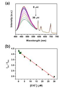 Fluorescence Sensor. Ratiometric Fluorescence: Figure 1. (a) Fluorescence emission spectra from the Eu/BPyDC MOF studied under different concentrations of hypochlorite, acquired in an FS5 Spectrofluorometer. (b) Ratiometric fluorescence calibration curve obtained from the data in (a).