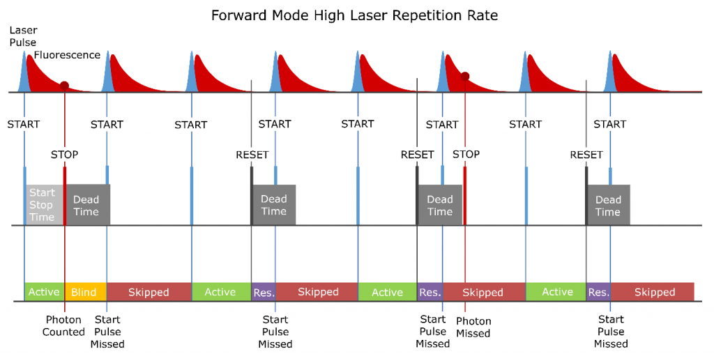 TCSPC operation in Forward Mode with a high laser repetition rate resulting in dead time induced photon counting losses