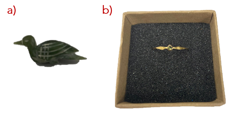 Small bird ornament and a ring to undergo gemstone identification using Raman microscopy