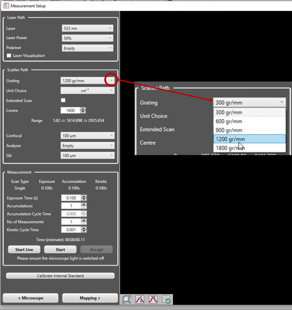 Ramacle software screenshot showing how to select diffraction grating. 