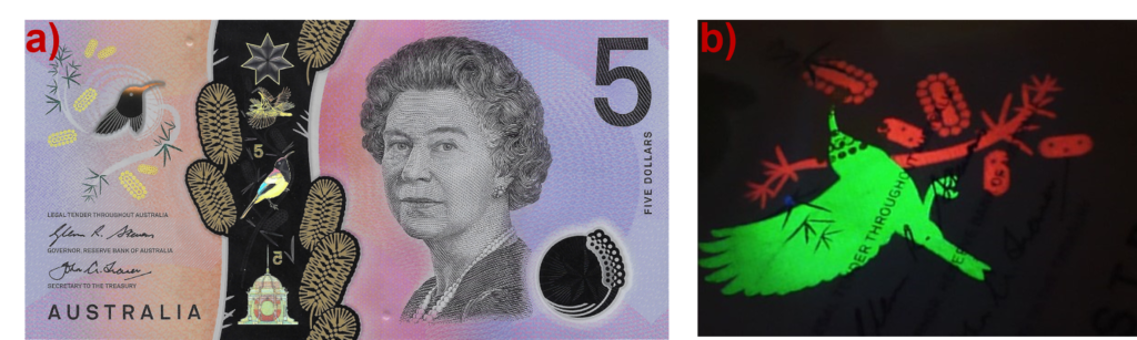 Photoluminescent security label of Australian bank note under UV excitation.