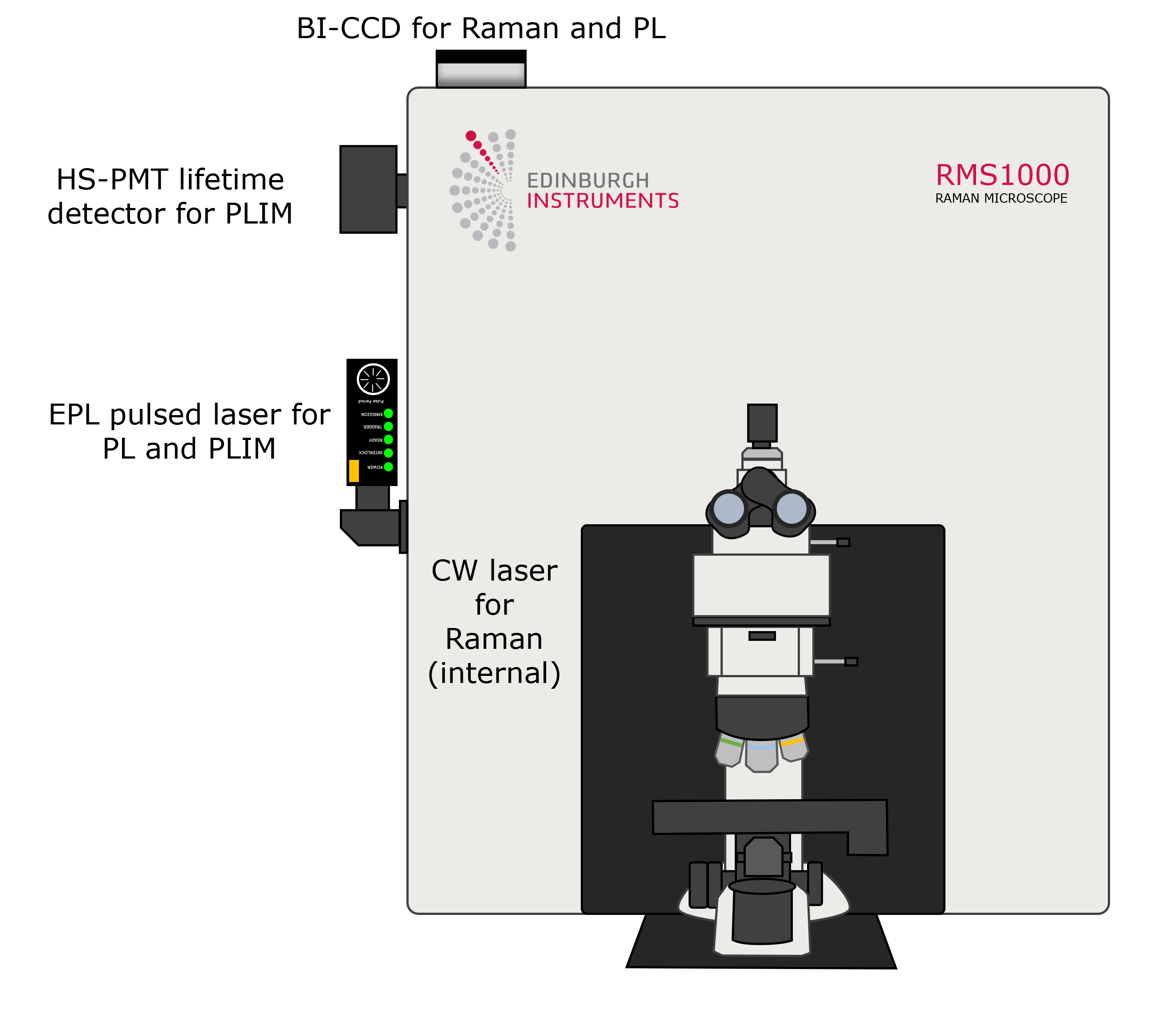 RMS1000 Confocal Raman Microscope setup used for Raman, spectral PL, and FLIM imaging.