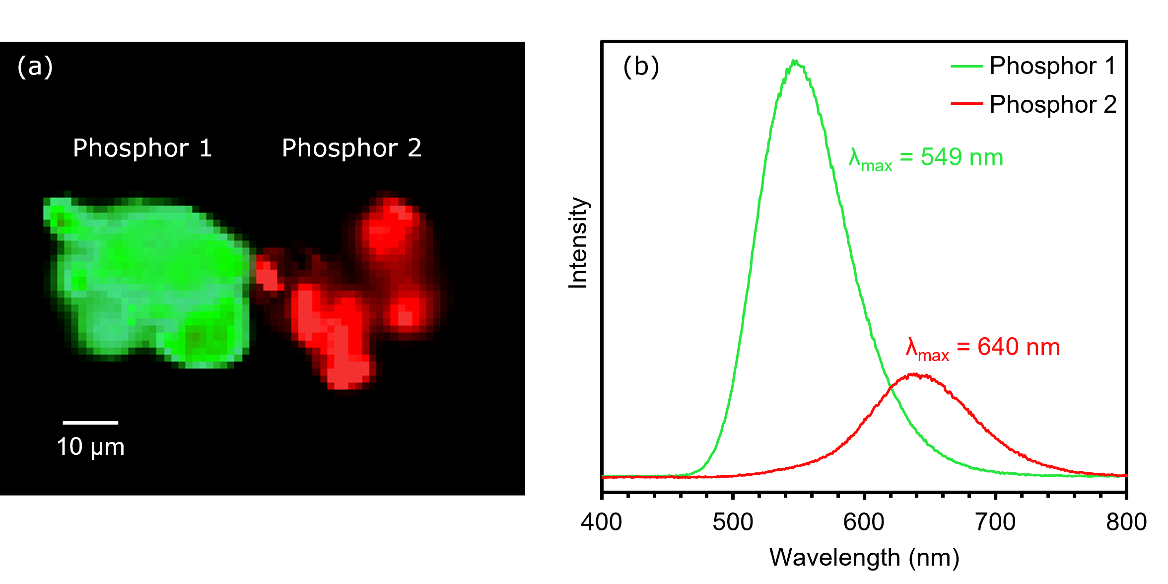 PL image and spectra of phosphors 1 and 2