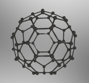 Buckminsterfullerene structure - carbons arranged hexagonally in a spherical structure, similar to a football 