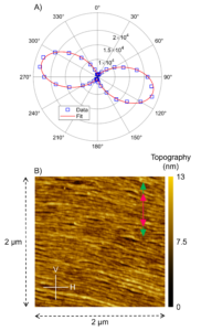 A) Polar plot of the CNT G+ Raman intensity at 1592 cm-1 and B) AFM image of CNTs.