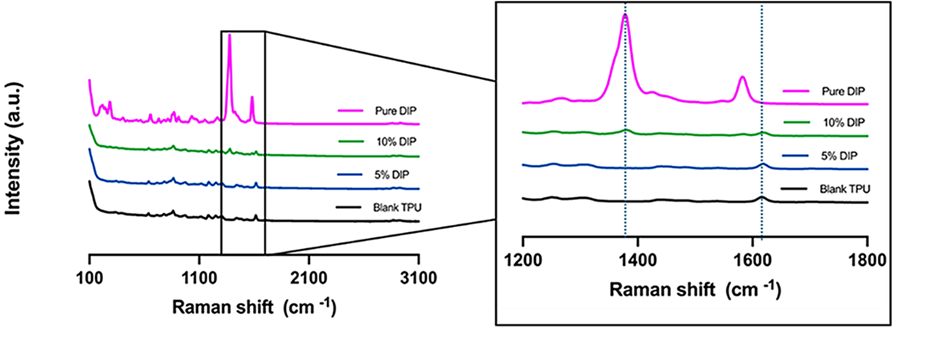 Raman spectra of pure DIP, pure TPU and 3D-printed samples containing TPU/5% DIP & TPU/10% DIP, respectively